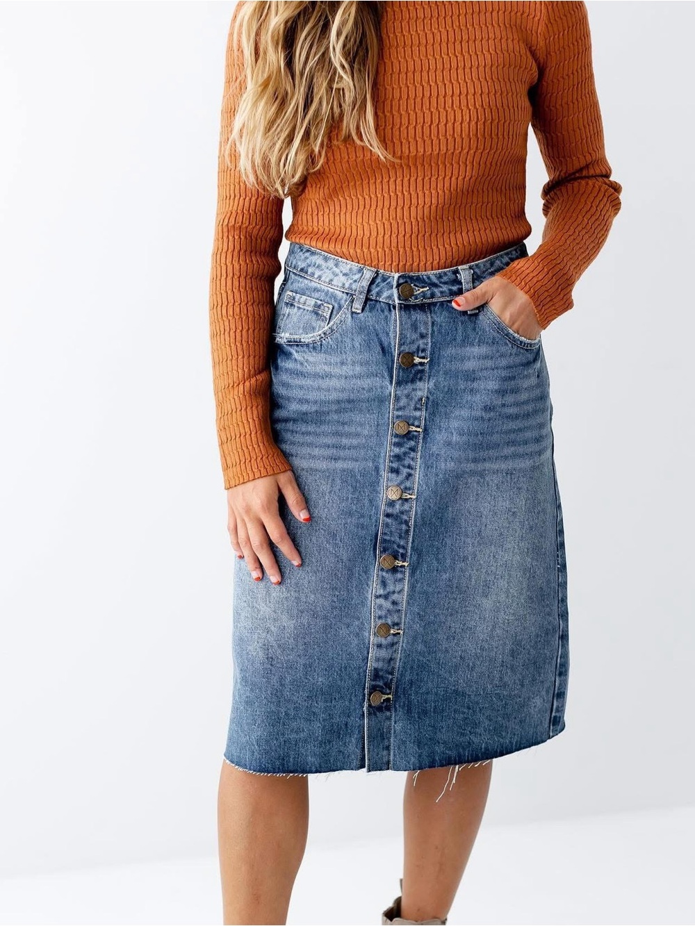 The Main Street Exchange Hilda Modest Midi Denim Skirt Button Front Fringe Hem